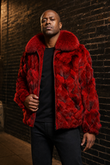 Calvere Furs Men's Fox Bomber Jacket with Full Skin Fox Collar in Red, worn