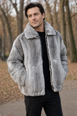 Calvere Furs Men's Hare Rabbit Jacket in Chinchilla, worn