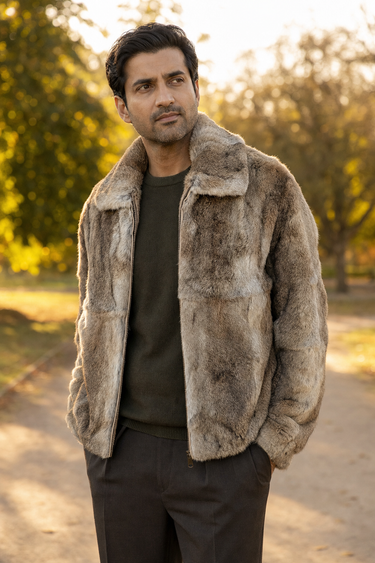 Calvere Furs Men's Hare Rabbit Jacket in Natural, worn