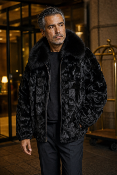 Calvere Furs Men's Diamond Mink Jacket with Fox Collar in Black, worn