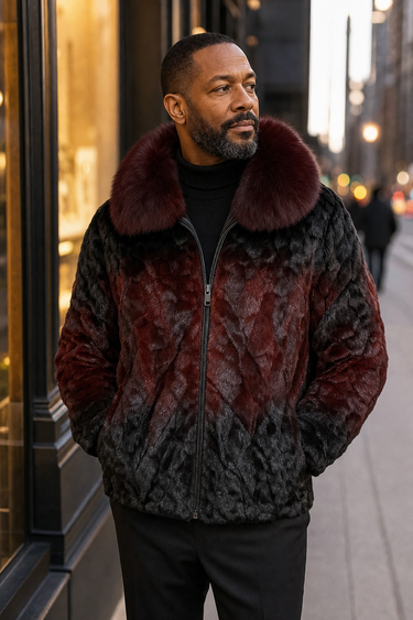 Calvere Furs Men's Diamond Mink Jacket in Burgundy, worn