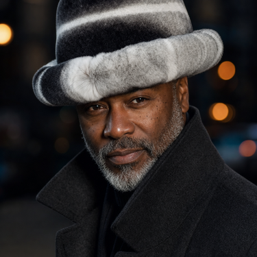 Calvere Furs Men's Rex Rabbit Fedora Hat in Chinchilla, worn
