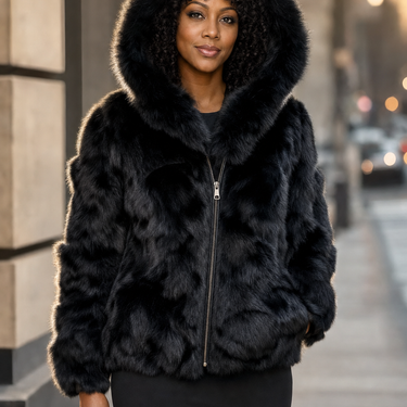 Calvere Furs Women's Fox Bomber Jacket with Hood in Black, worn