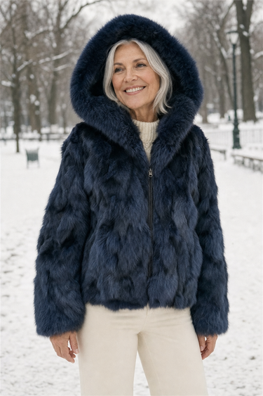 Calvere Furs Women's Fox Bomber Jacket with Hood in Navy, worn