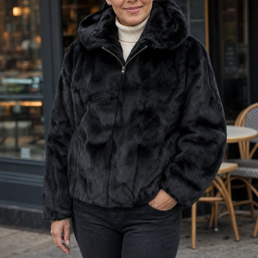 Calvere Furs Women's Full Skin Rabbit Jacket with Detachable Hood in Black, worn