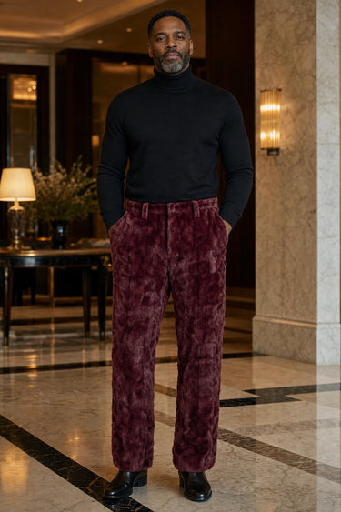 Calvere Furs Men's Mink Sections Pants in Burgundy, worn