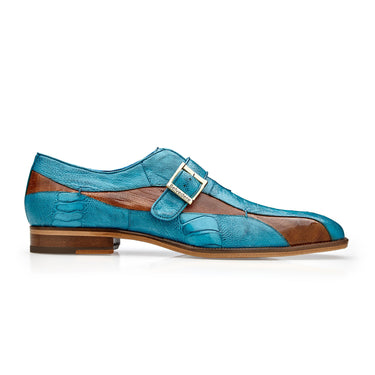 Belvedere Marte in Antique Ocean Blue / Brandy Ostrich Leg Single Monk Strap Shoes in Antique Ocean Blue Brandy