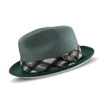 Montique Domino Effect Pinch Front Straw Fedora in Emerald