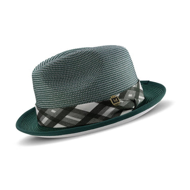 Montique Domino Effect Pinch Front Straw Fedora in Emerald #color_ Emerald