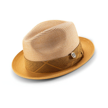 Montique Riviera Pinch Front Straw Fedora in Gold #color_ Gold