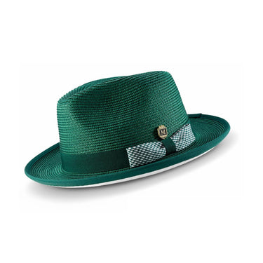 Montique Debonair White Bottom Houndstooth Band Straw Fedora in Emerald / White