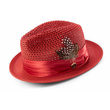 Montique Fairmont Pinch Front Polybraid Straw Fedora in Crimson