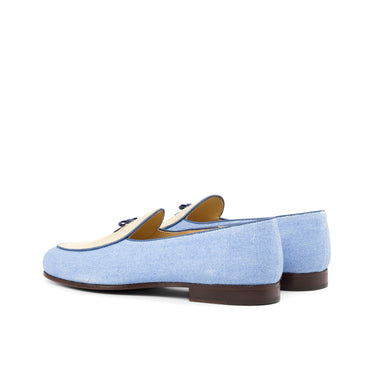 DapperFam Marcello in Blue / Ice / Navy Men's Linen & Italian Leather Belgian Slipper