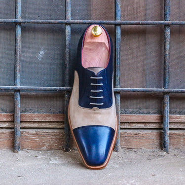 DapperFam Rafael in Navy / Sand Men's Lux Suede & Italian Leather Oxford in Navy / Sand