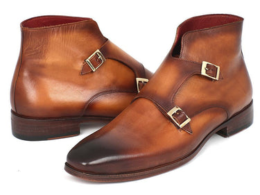 Paul Parkman Men's Hand-Painted Leather Double Monkstrap Boots in Brown