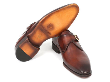 Paul Parkman Men's Hand-Painted Leather Monkstraps in Brown & Camel