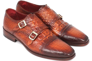 Paul Parkman Men's Croco-Embossed Leather Double Monkstraps in Brown