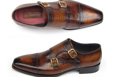 Paul Parkman Men's Croco-Embossed Leather Double Monkstraps in Brown