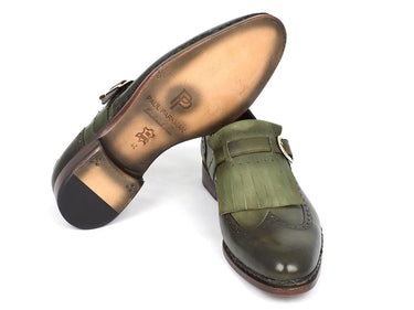Paul Parkman Men's Hand-Painted Wingtip Monkstrap Brogues in Green