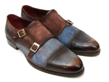 Paul Parkman Men's Suede Double Monkstraps in Antique Blue & Brown