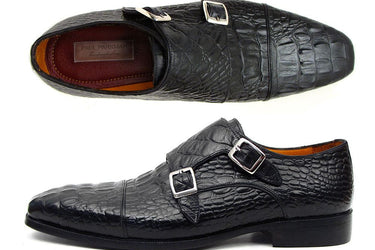 Paul Parkman Men's Croco-Embossed Leather Double Monkstraps in Black