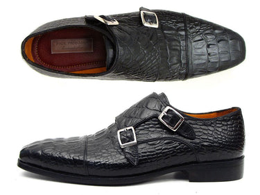 Paul Parkman Men's Croco-Embossed Leather Double Monkstraps in Black