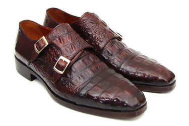 Paul Parkman Men's Croco-Embossed Leather Double Monkstraps in Brown & Bordeaux