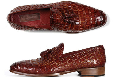Paul Parkman Men's Croco-Embossed Calfskin Tassel Loafers in Brown