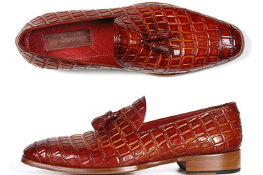 Paul Parkman Men's Croco-Embossed Calfskin Tassel Loafers in Reddish Camel