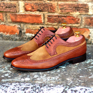DapperFam Zephyr in Camel / Med Brown Men's Lux Suede & Italian Leather Longwing Blucher in Camel / Med Brown