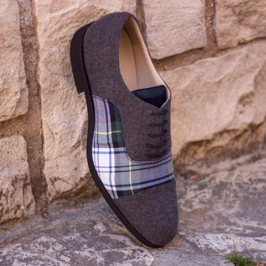 DapperFam Rafael in Tartan / Dark Grey / Dark Brown Men's Sartorial & Flannel & Italian Leather Oxford in Tartan / Dark Grey / Dark Brown