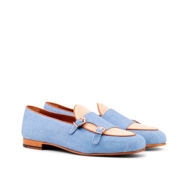 DapperFam Rialto in Blue / Ice / Med Brown Men's Linen & Italian Leather Monk Slipper in Blue / Ice / Med Brown