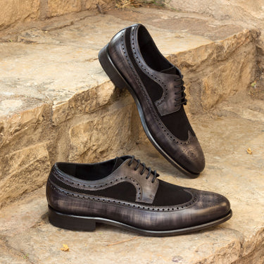 DapperFam Zephyr in Black / Grey Men's Italian Suede & Hand-Painted Patina Longwing Blucher in Black / Grey