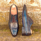 DapperFam Zephyr in Denim / Grey Men's Hand-Painted Patina Longwing Blucher