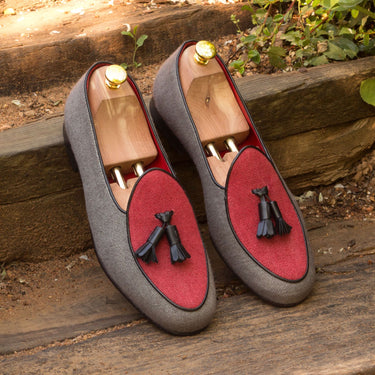DapperFam Marcello in Black / Grey/ Red Men's Linen Belgian Slipper