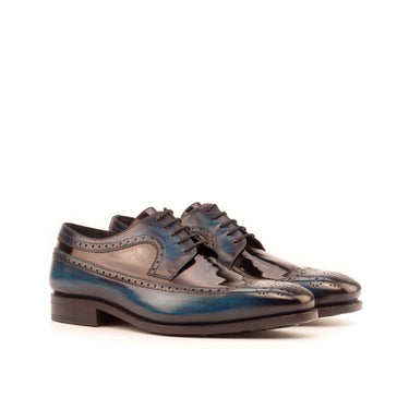 DapperFam Zephyr in Black / Denim Men's Italian Patent Leather & Hand-Painted Patina Longwing Blucher in Black / Denim