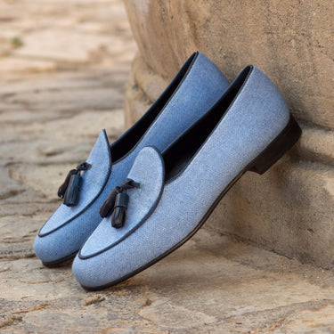 DapperFam Marcello in Blue / Navy Men's Linen & Italian Leather Belgian Slipper