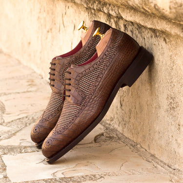 DapperFam Zephyr in Tweed / Dark Brown Men's Sartorial & Italian Croco Embossed Leather Longwing Blucher