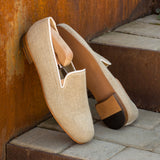 DapperFam Enzo in Ice / Off White Men's Linen & Grossgrain Slipper
