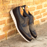 DapperFam Zephyr in Herringbone / Navy Men's Sartorial & Italian Leather Longwing Blucher