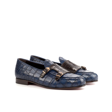 DapperFam Rialto in Dark Brown / Navy Men's Italian Leather Monk Slipper in Dark Brown / Navy