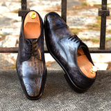 DapperFam Vero in Grey / Black Men's Italian Croco Embossed Leather & Hand-Painted Patina Derby