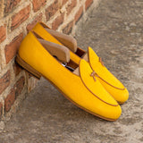 DapperFam Marcello in Mustard / Cognac Men's Linen & Italian Leather Belgian Slipper