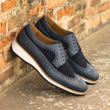DapperFam Zephyr in Navy Men's Lux Suede & Italian Pebble Grain Leather Longwing Blucher