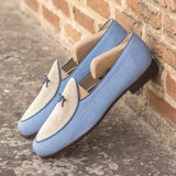 DapperFam Marcello in Blue / Ice / Navy Men's Linen & Italian Leather Belgian Slipper