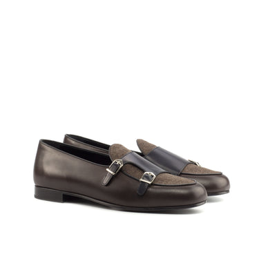 DapperFam Rialto in Brown / Dark Brown / Black Men's Flannel & Italian Leather Monk Slipper in Brown / Dark Brown / Black