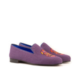 DapperFam Enzo in Purple / Navy Men's Linen & Italian Leather Slipper in Purple / Navy