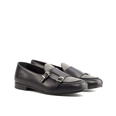 DapperFam Rialto in Light Grey / Black Men's Flannel & Italian Leather Monk Slipper in Light Grey / Black