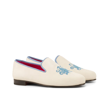 DapperFam Enzo in White / Medium Blue Men's Suede & Grossgrain Slipper in White / Medium Blue