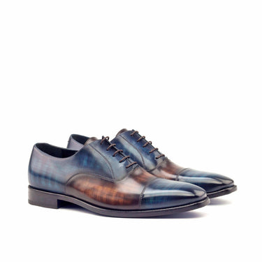 DapperFam Rafael in Denim / Brown Men's Hand-Painted Patina Oxford in Denim / Brown